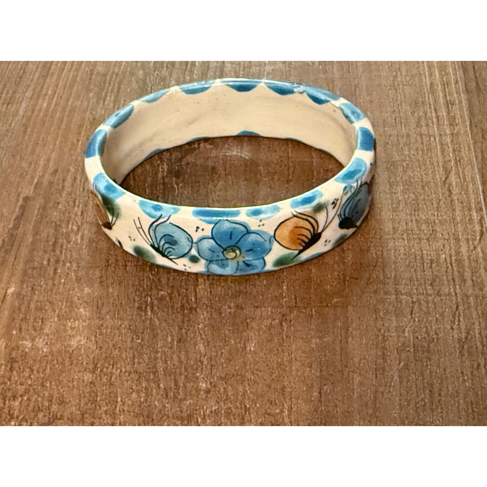 Tala Lat Mex Hand Painted Ceramic Bangle Bracelet Blue Flower Butterfly Mexico